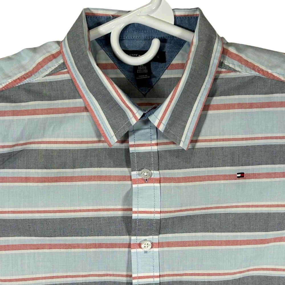 Tommy Hilfiger Boys XL 18/20 Blue Grey Red Striped Short Sleeve Button Down